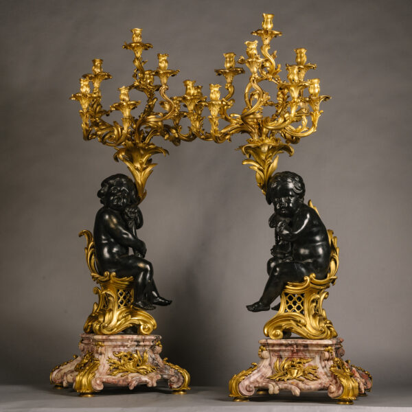 A Pair of Large Louis XV Style Gilt and Patinated Bronze and Marble Figural Candelabra