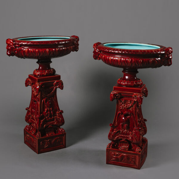 A Pair of Large Sarreguemines Sang de Boeuf Glazed Earthenware Jardinières On Pedestals