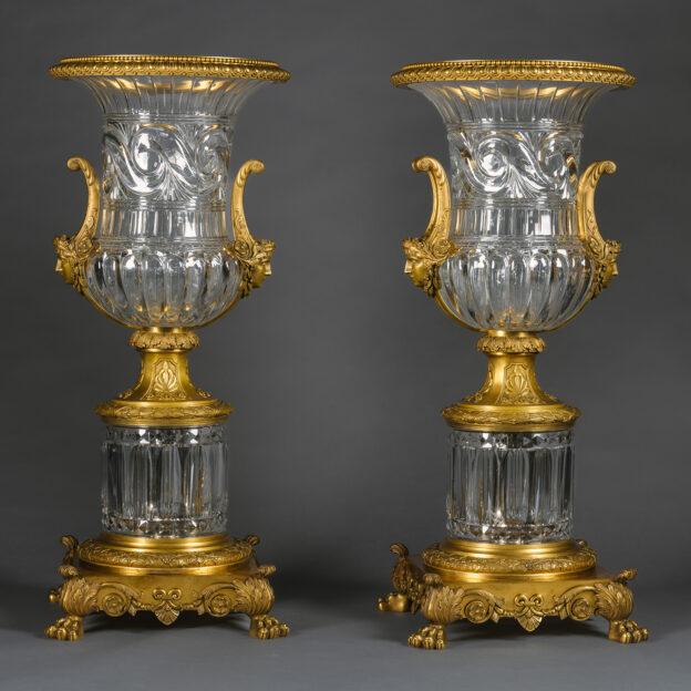 A Magnificent Pair of Crystal Glass and Gilt Bronze Medici Vases by Baccarat