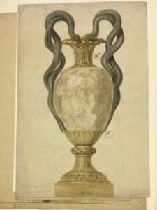 Emmanuel Alfred Beurdeley, design for a serpent handled vase in pencil and watercolour. No. 395 (courtesy Musée des Arts Décoratifs).