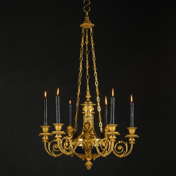 A Louis XVI Style Gilt-Bronze Six-Light Chandelier ‘aux Termes’ Attributed to Emmanuel-Alfred (dit Alfred II) Beurdeley, Paris.