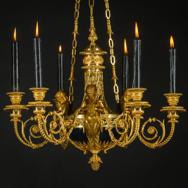A Louis XVI Style Gilt-Bronze Six-Light Chandelier ‘aux Termes’ Attributed to Emmanuel-Alfred (dit Alfred II) Beurdeley, Paris.