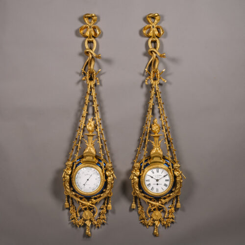 A Louis XVI Style Gilt-Bronze and Blue Enamel Cartel Clock and Barometer, By Maison Mottheau & Fils., Paris.