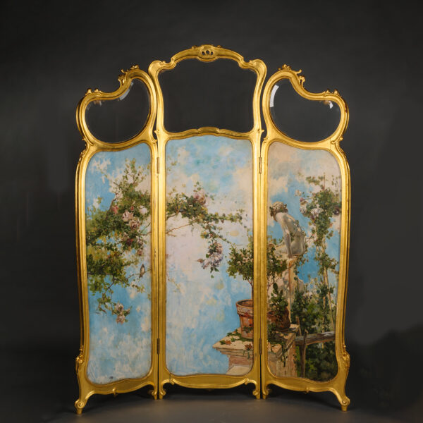 A Fine Louis XV Style Giltwood and Oil on Panel Three-Panelled Screen, Painted By Juderías Caballero (Spanish, 1867-1951)