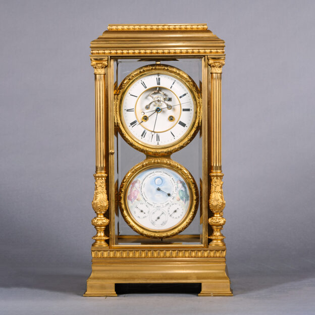 A Large Gilt-Bronze Four-Glass Mantel Regulator Calendar Clock. France, Circa 1870.