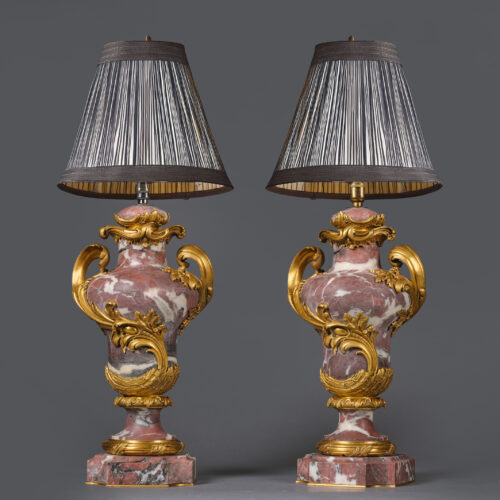 A Pair of Louis XV Style Gilt-Bronze Mounted Pink Marble Vases, Fitted As Lamps