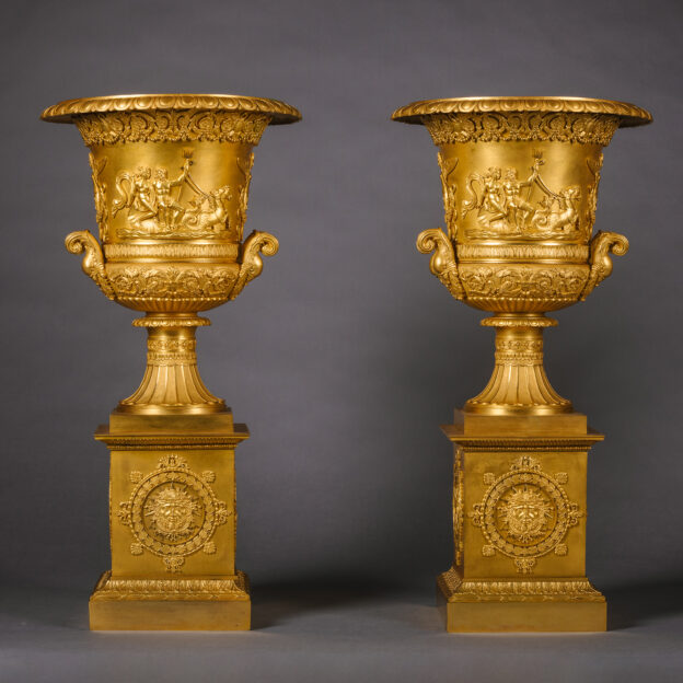 A Pair of Large and Magnificent Empire Period Gilt-Bronze Vases on Plinths, Attributed to Pierre-Philippe Thomire