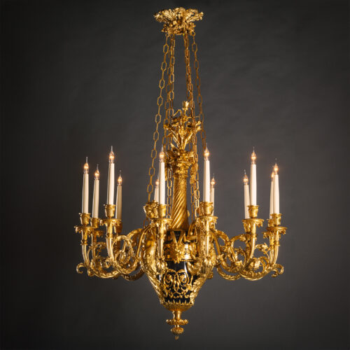 An Important and Monumental Gilt-Bronze and Tole Twelve-Light Chandelier, Attributed to Maison Beurdeley, After The Celebrated Model By François Remond