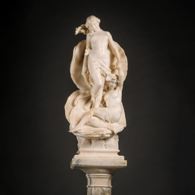 A Fine Carved Alabaster Group of The Birth of Venus, On Pedestal.