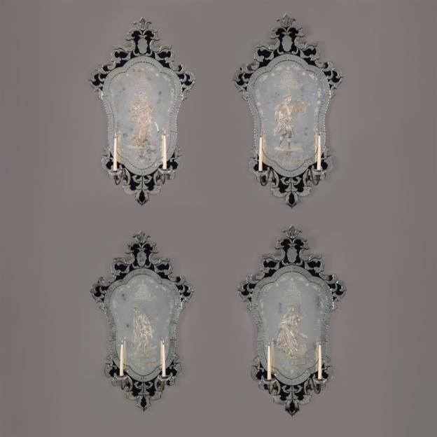A Set of Four Venetian Etched Clear and Blue Glass Girandole Wall Mirrors