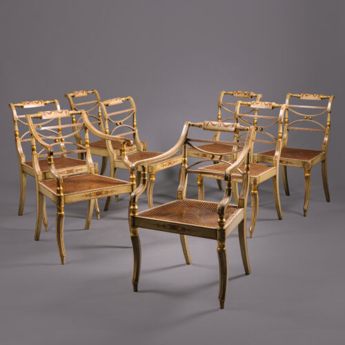 A Set of Eight Regency Polychrome-Painted And Parcel-Gilt Dining Chairs