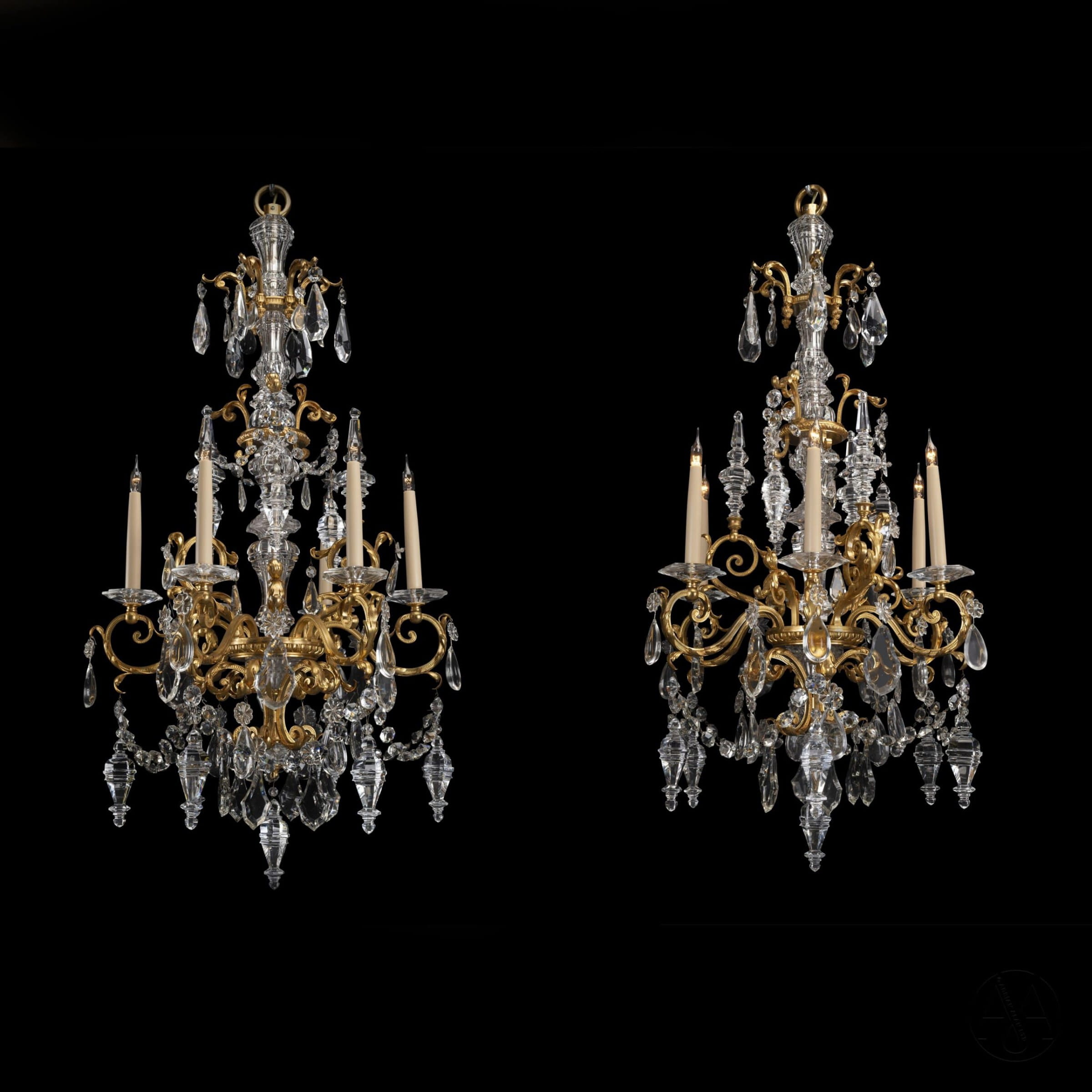 A Fine Pair Of Cut-Glass and Gilt-Bronze Six-Light Chandeliers