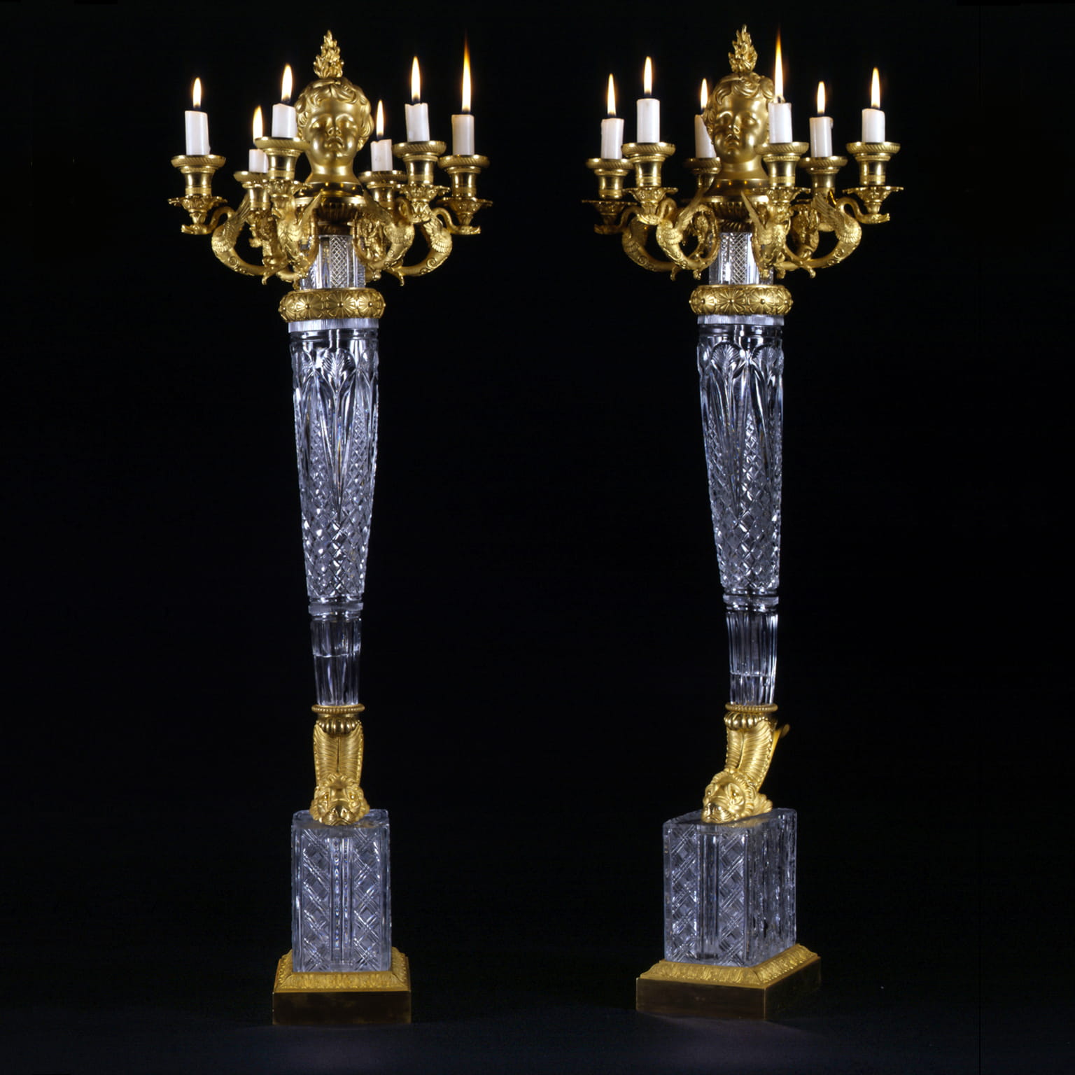 An Important Pair of Empire Gilt-Bronze And Cut-Crystal Six-Light Candelabra