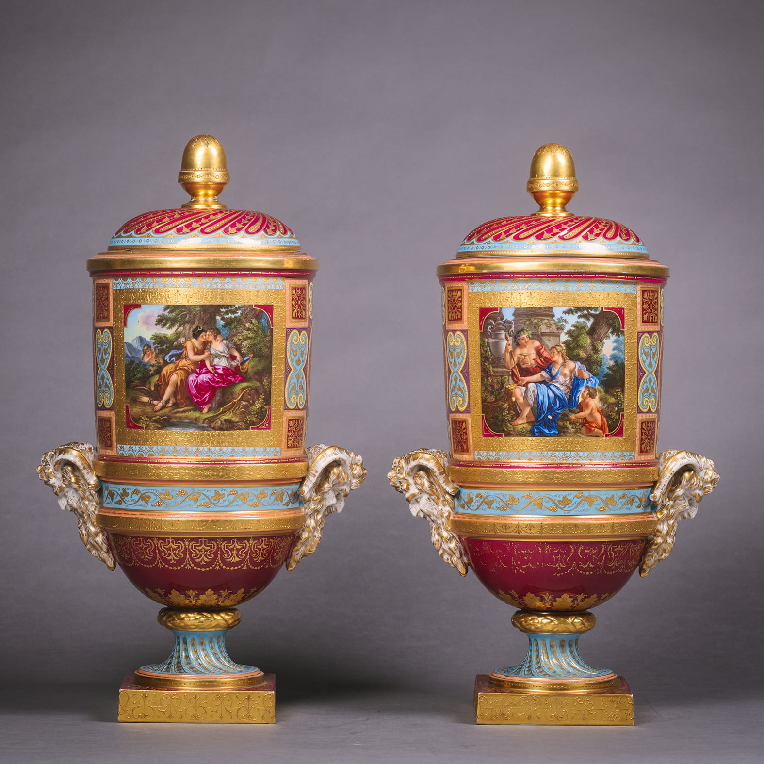 A Fine Pair of Vienna Style Cylindrical Covered Vases