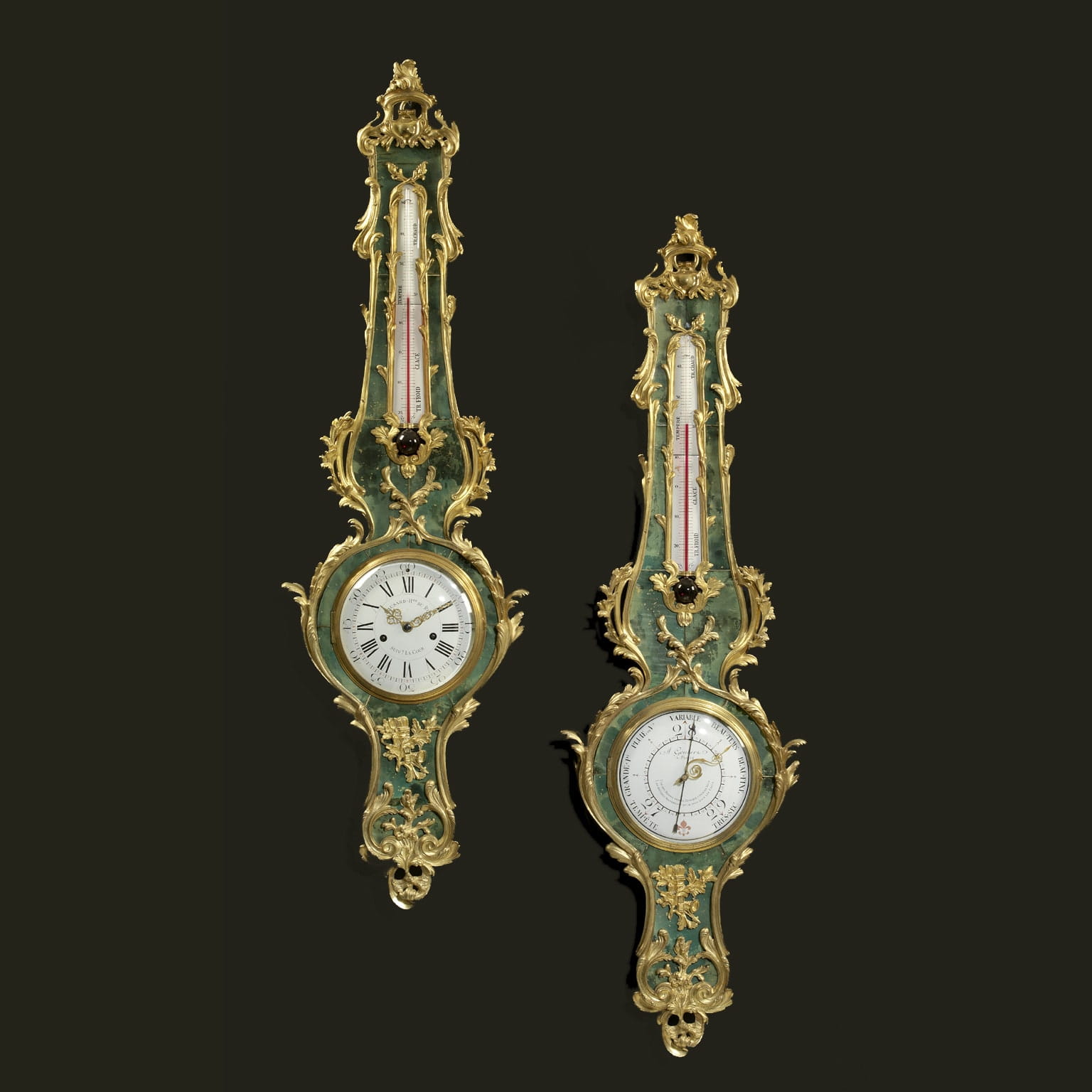 A Very Fine Ormolu Mounted Green Stained Horn Clock and Barometer Set