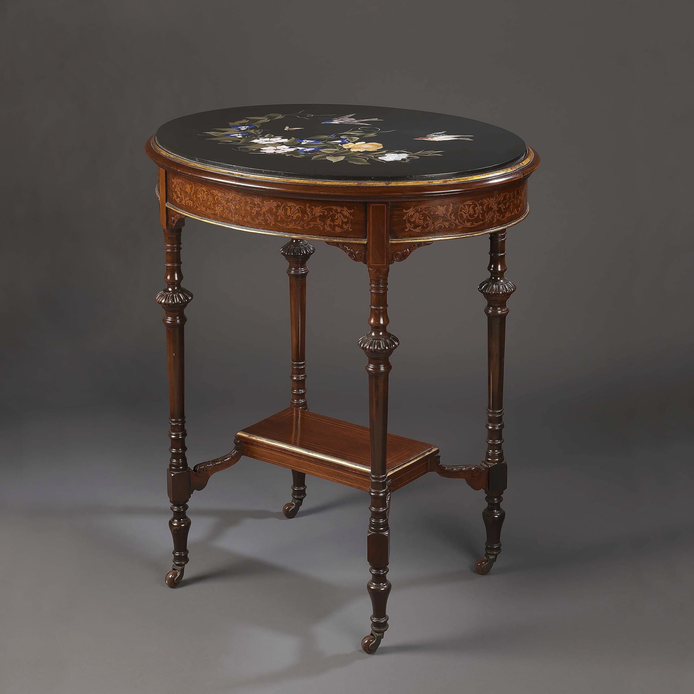 A Marquetry Inlaid Table With An Ashford Marble Top