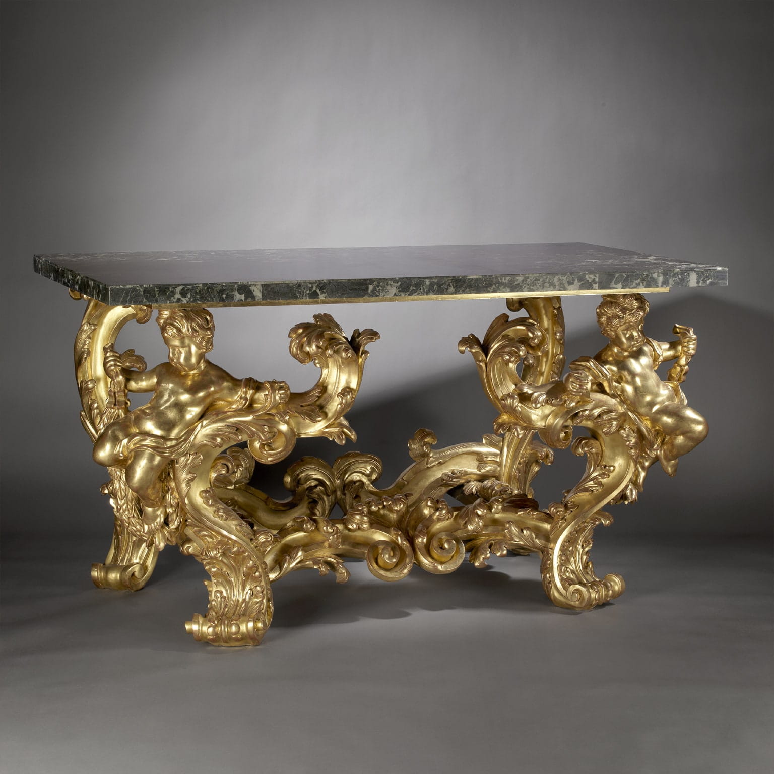 A Magnificent and Important Pair of Palatial Giltwood Console Tables with Verde Antico Marble Tops - Image 2