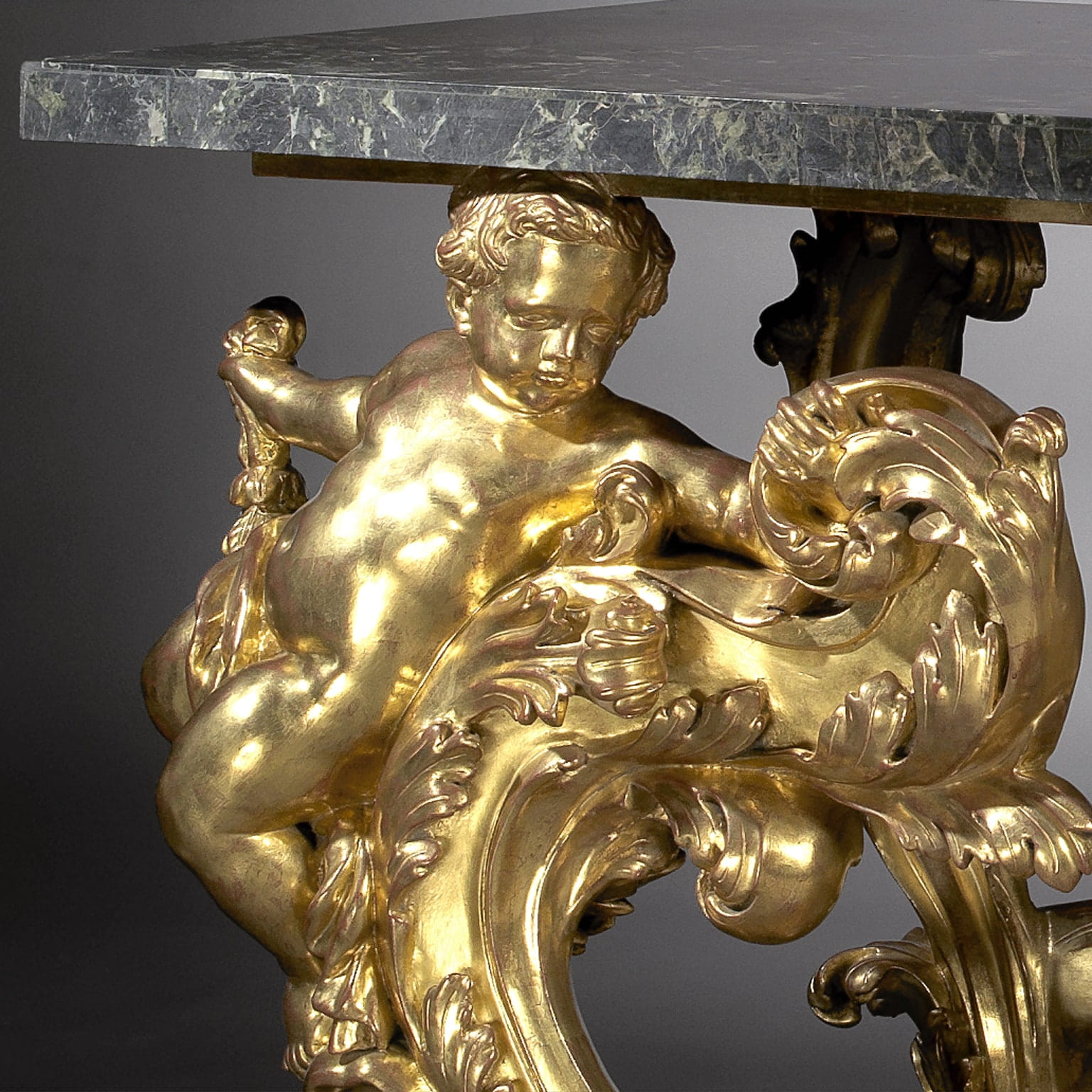 A Magnificent and Important Pair of Palatial Giltwood Console Tables with Verde Antico Marble Tops - Image 4