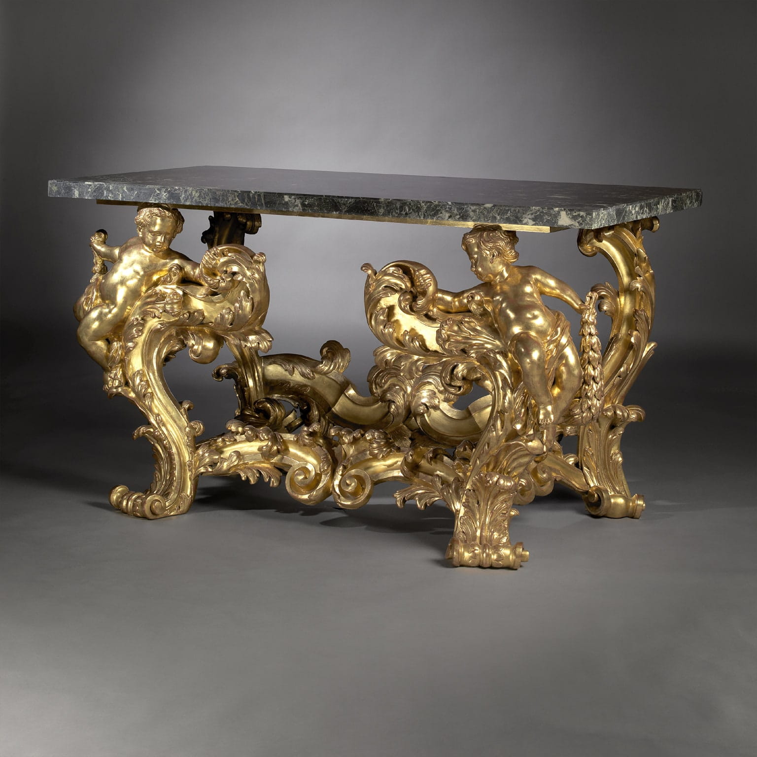 A Magnificent and Important Pair of Palatial Giltwood Console Tables with Verde Antico Marble Tops - Image 3