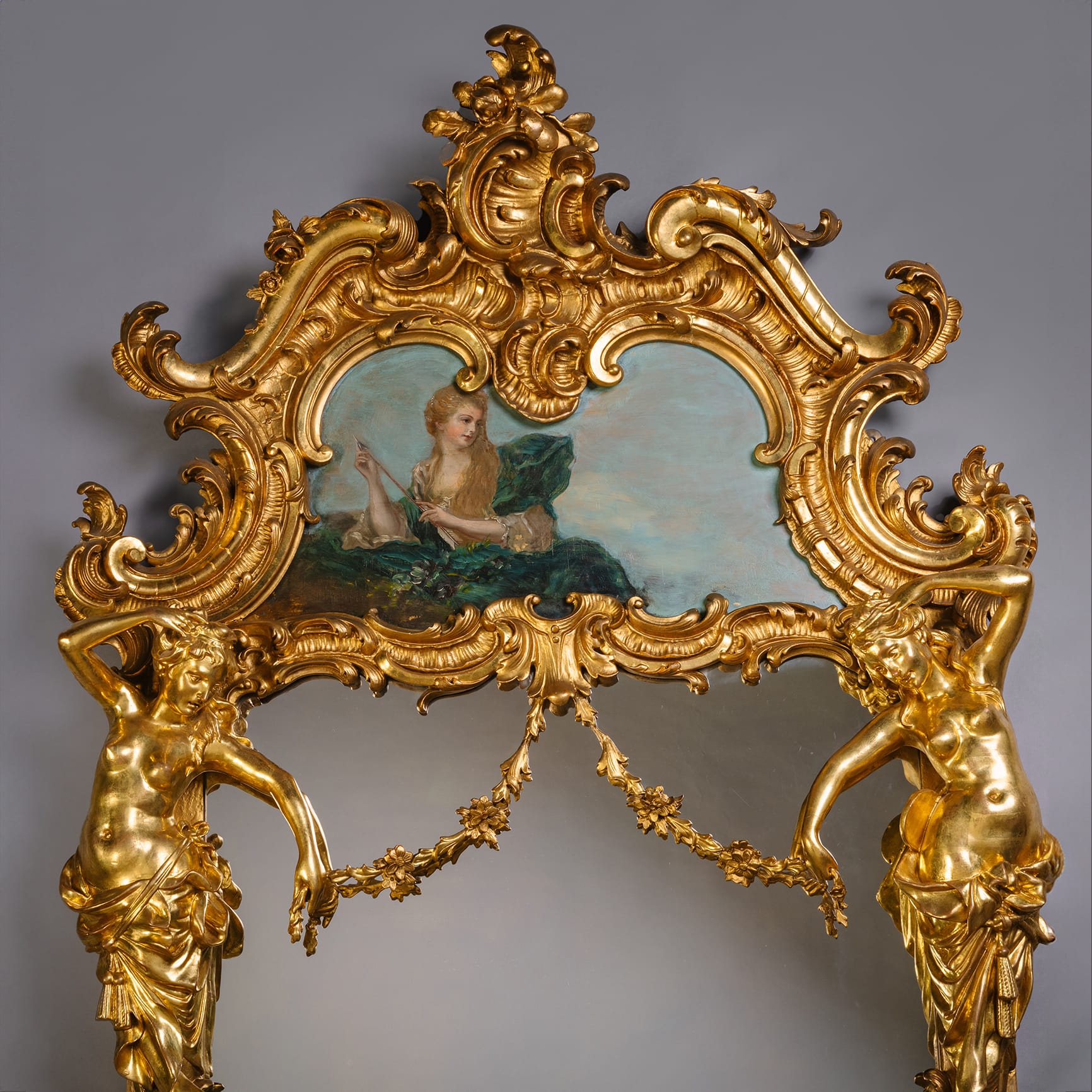An Impressive Rococo Style Giltwood and Painted Trumeau Mirror - Image 5