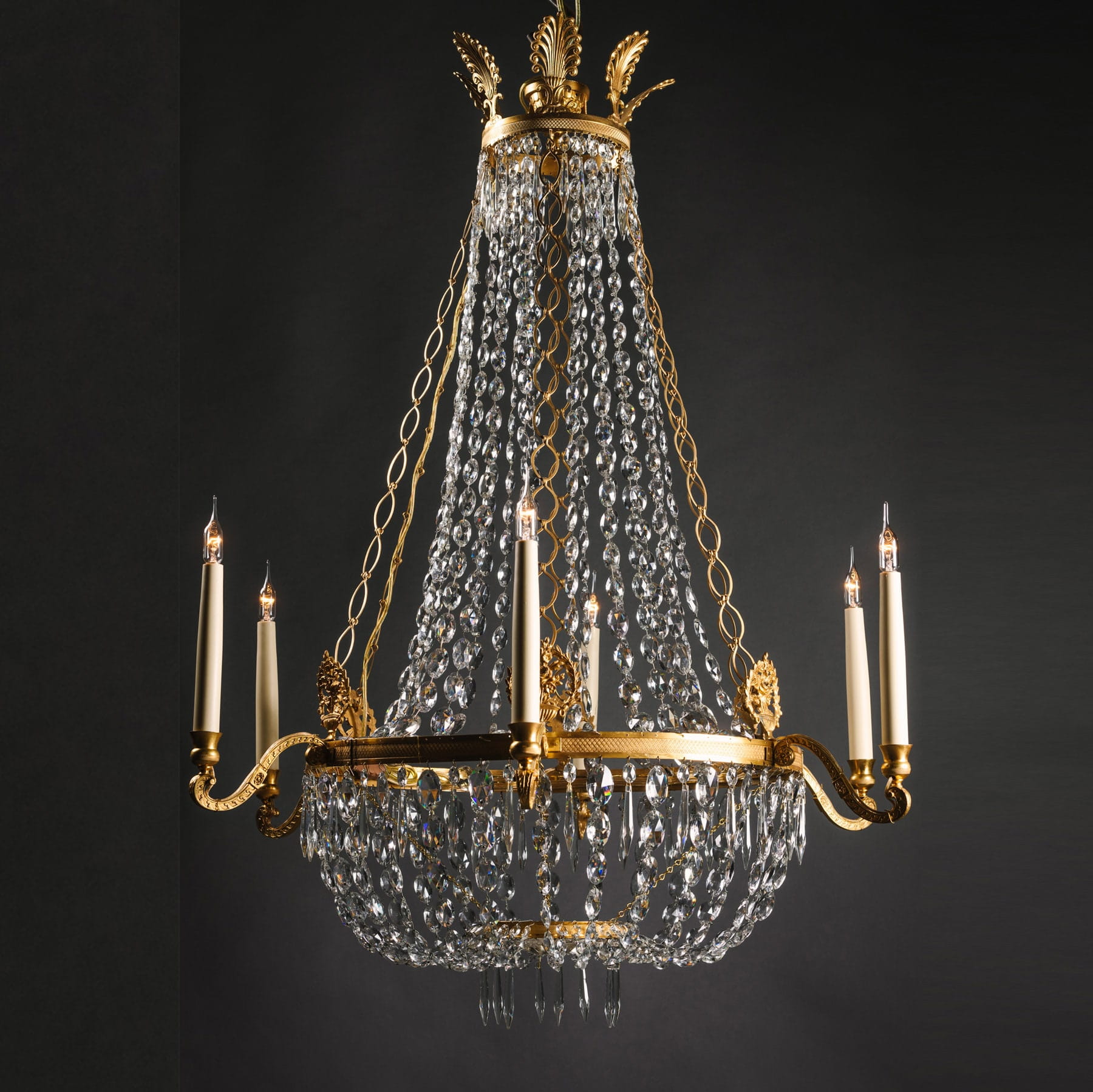 An Elegant Swedish Cut-Crystal and Gilt-Bronze Six-Light Chandelier