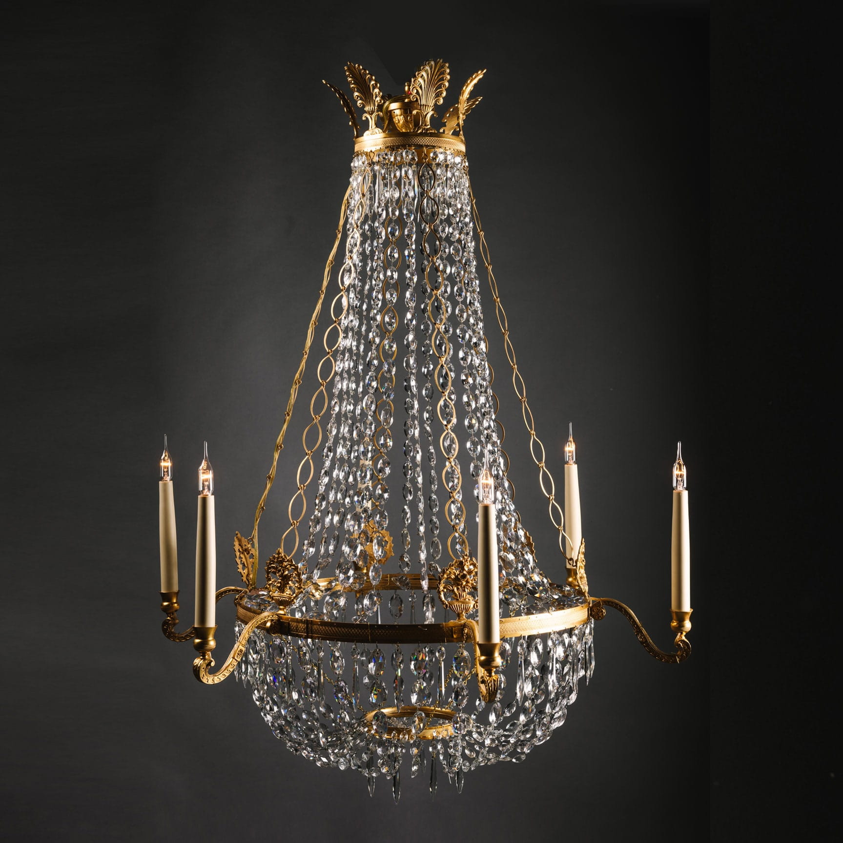 An Elegant Swedish Cut-Crystal and Gilt-Bronze Six-Light Chandelier - Image 6