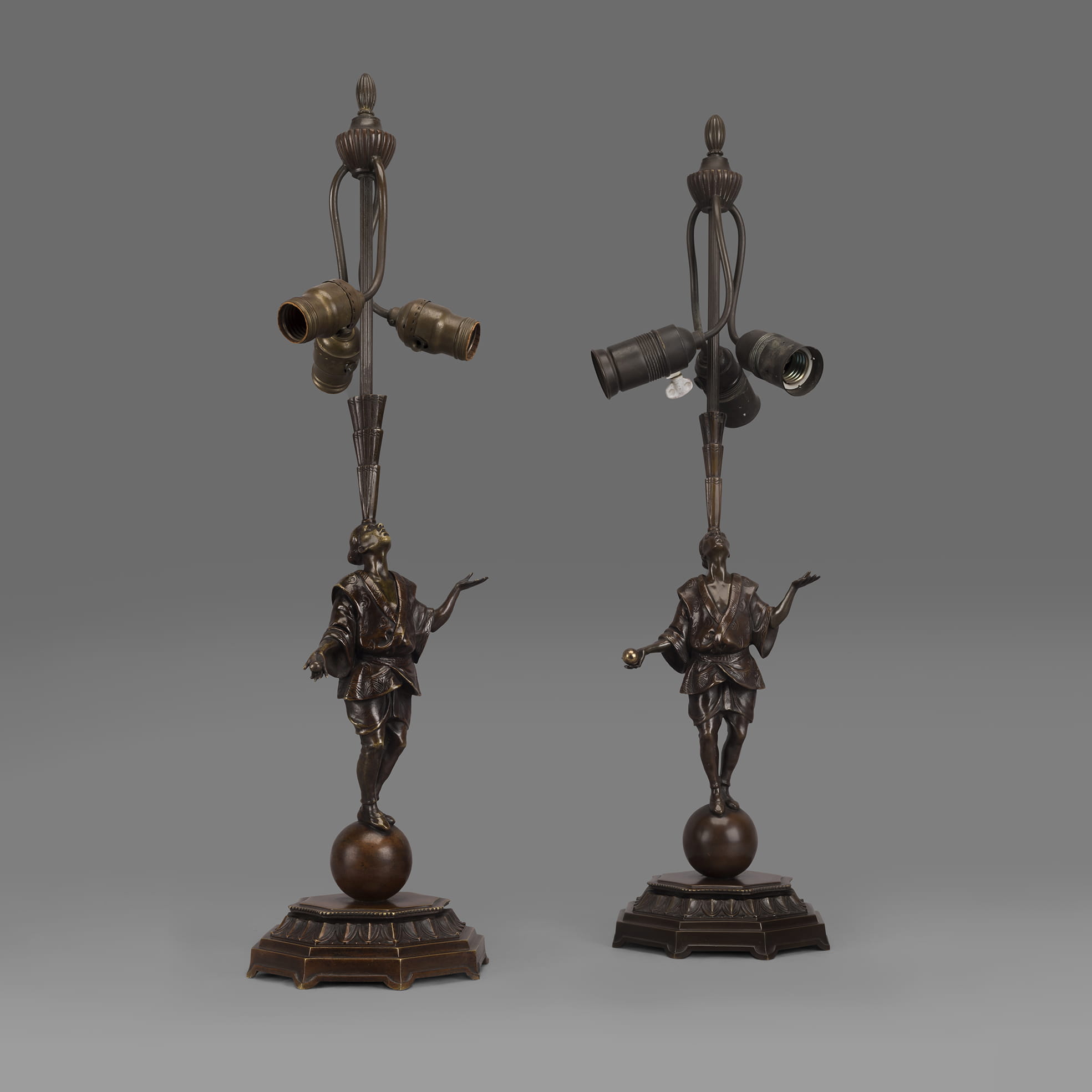 An Unusual Pair of Art Deco Patinated Bronze ‘Juggler’ Figural Table Lamps