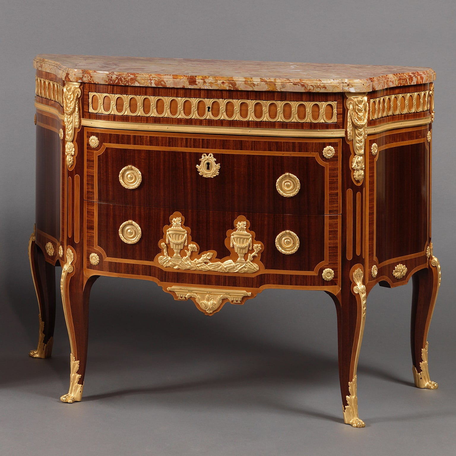 A Fine Pair of Transitional Style Gilt-Bronze Mounted Parquetry Commodes - Image 5