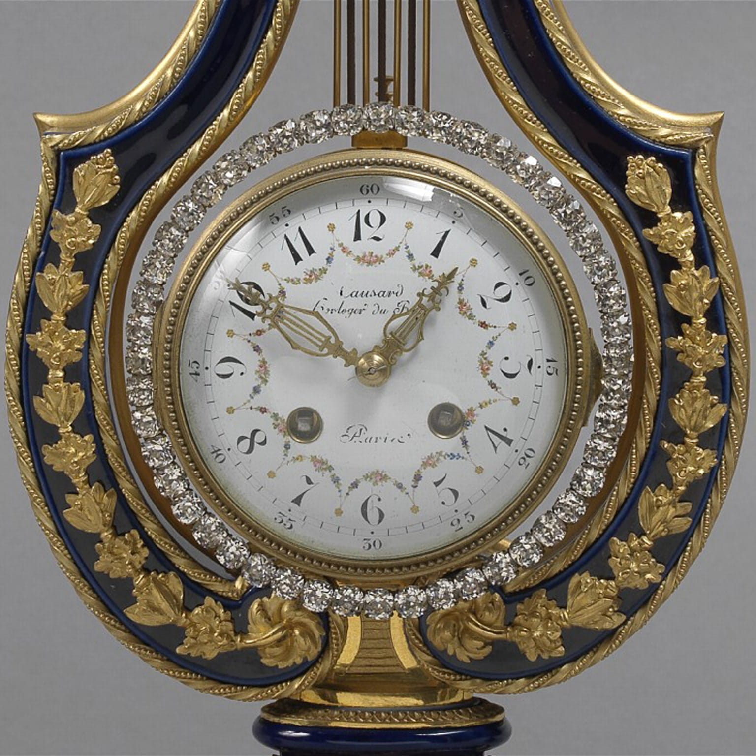 A Fine Louis XVI Style Cobalt Blue Porcelain Lyre Clock Garniture - Image 2