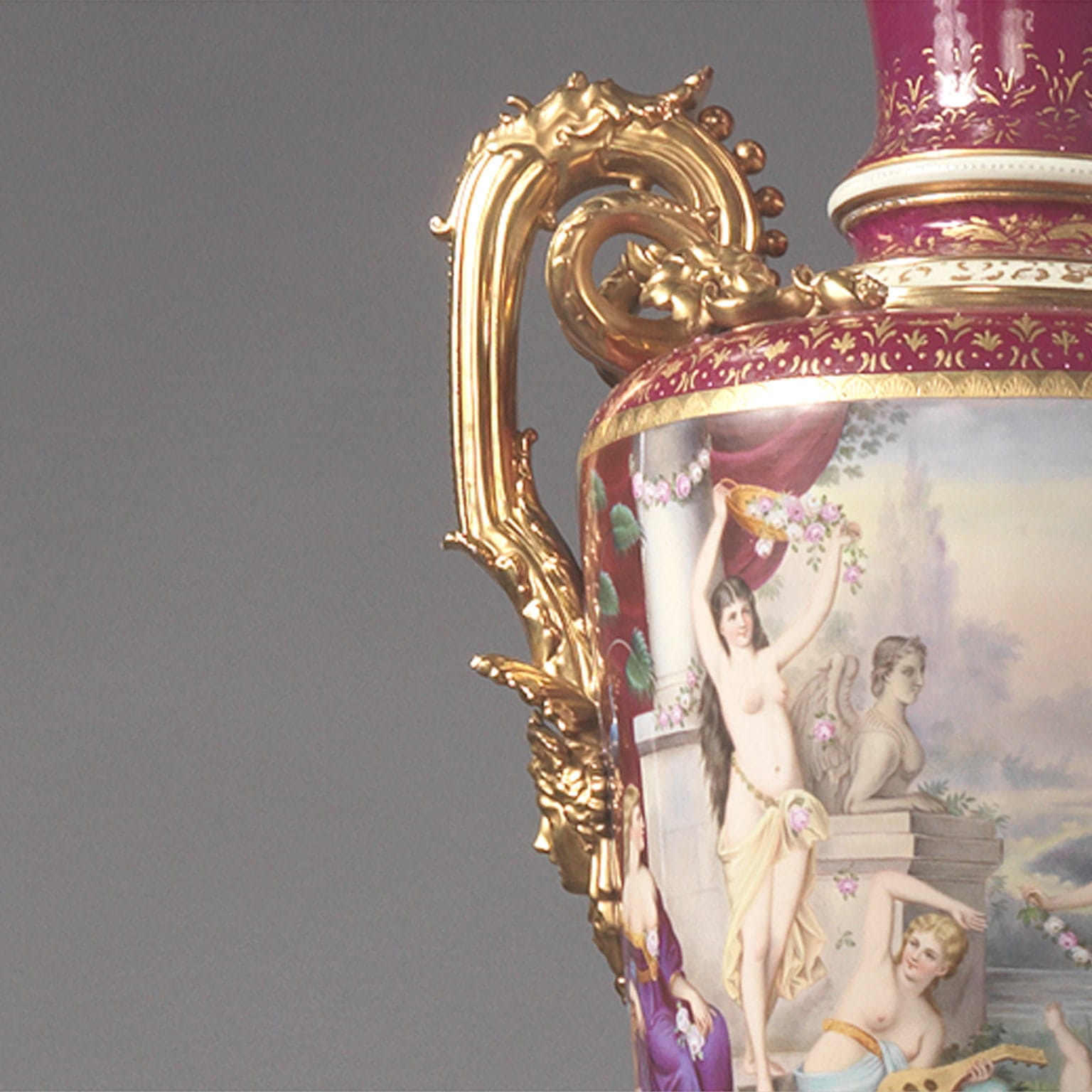 An Important and Extremely Large Pair of Magenta Ground Vienna Porcelain Exhibition Vases - Image 7