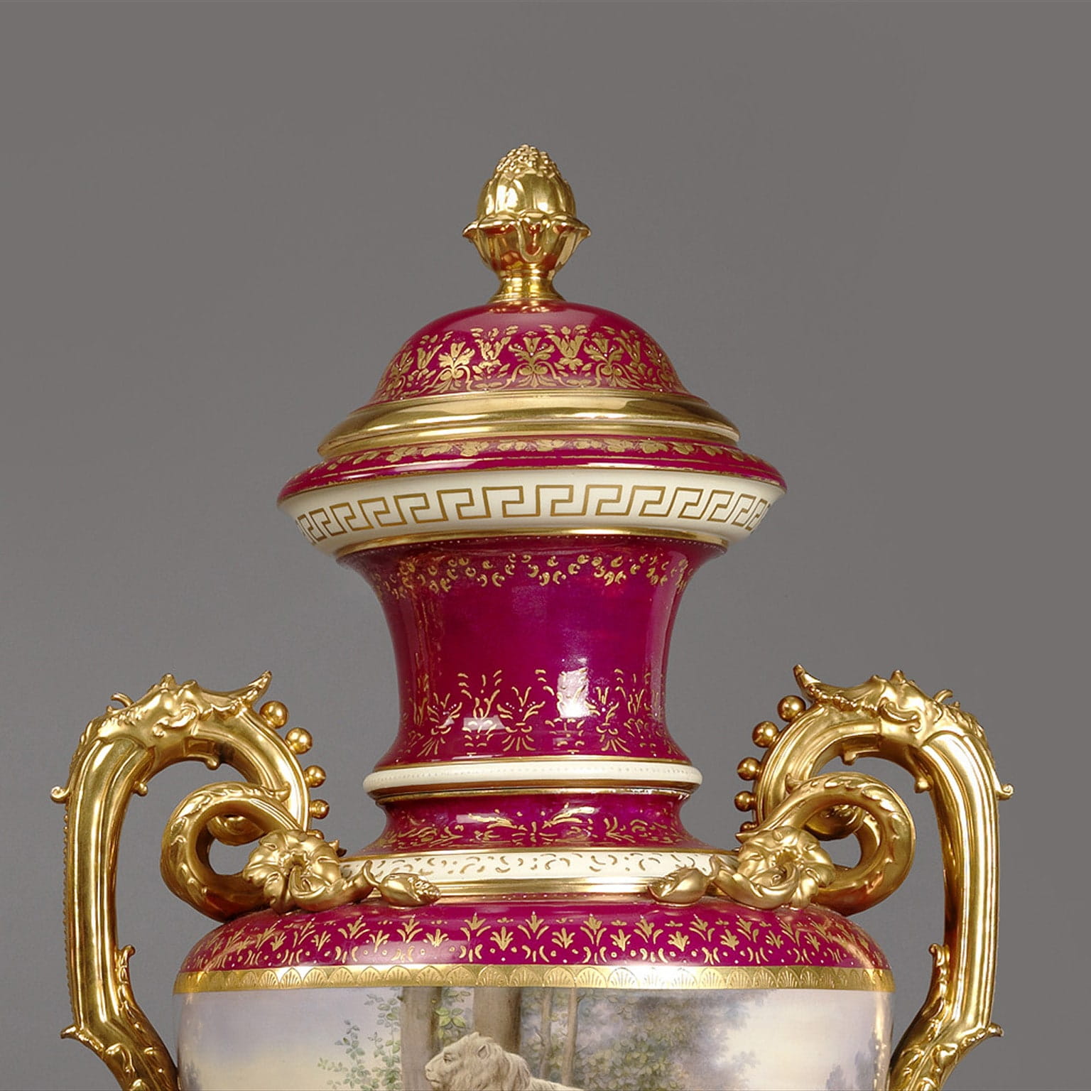 An Important and Extremely Large Pair of Magenta Ground Vienna Porcelain Exhibition Vases - Image 6