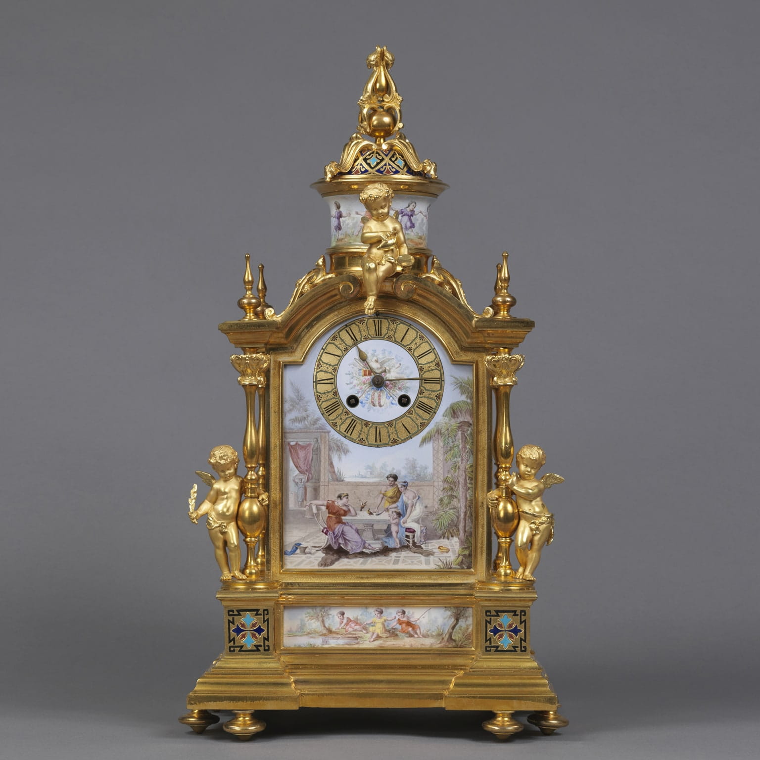 A Louis XVI Style Gilt-Bronze Champlevé Enamel Mantel Clock