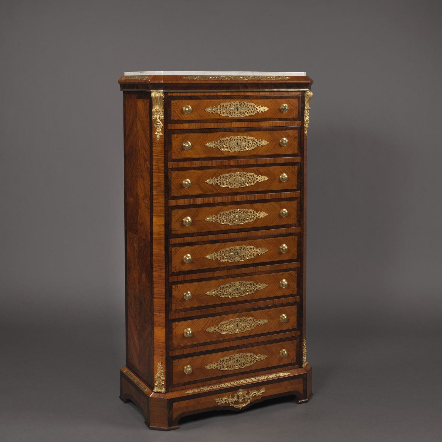A Gilt-Bronze Mounted Secretaire Cabinet With A Marble Top