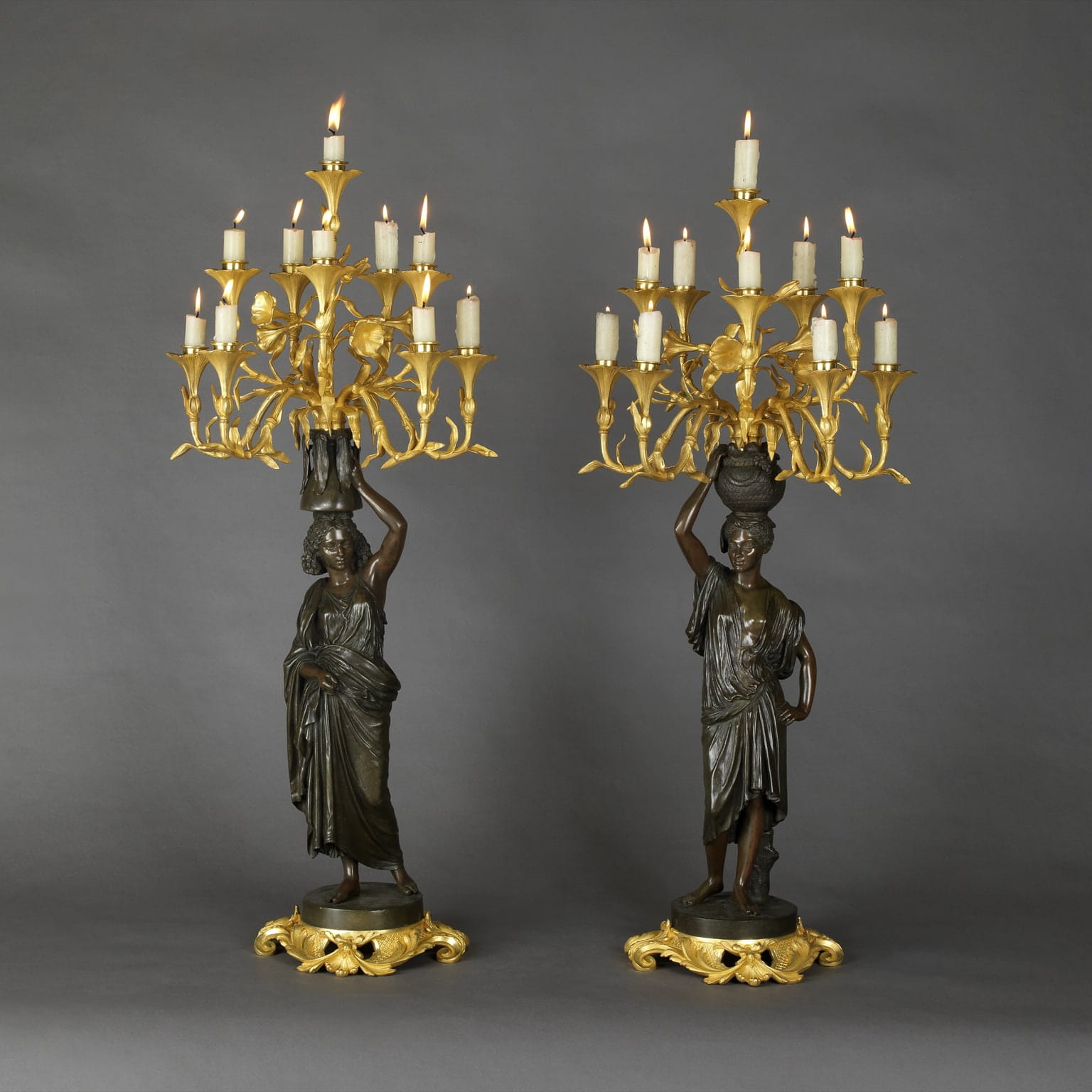 A Pair of Gilt and Patinated Bronze Figural Candelabra