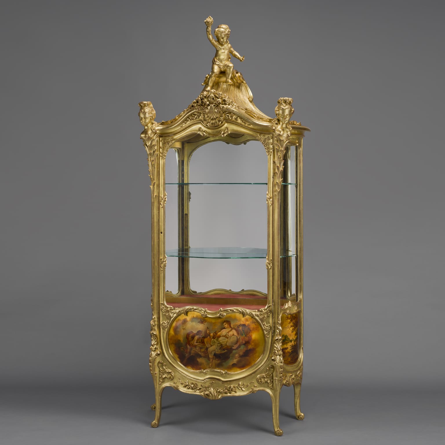 An Unusual and Very Finely Carved Louis XV Style Giltwood Vitrine With Vernis Martin Panels