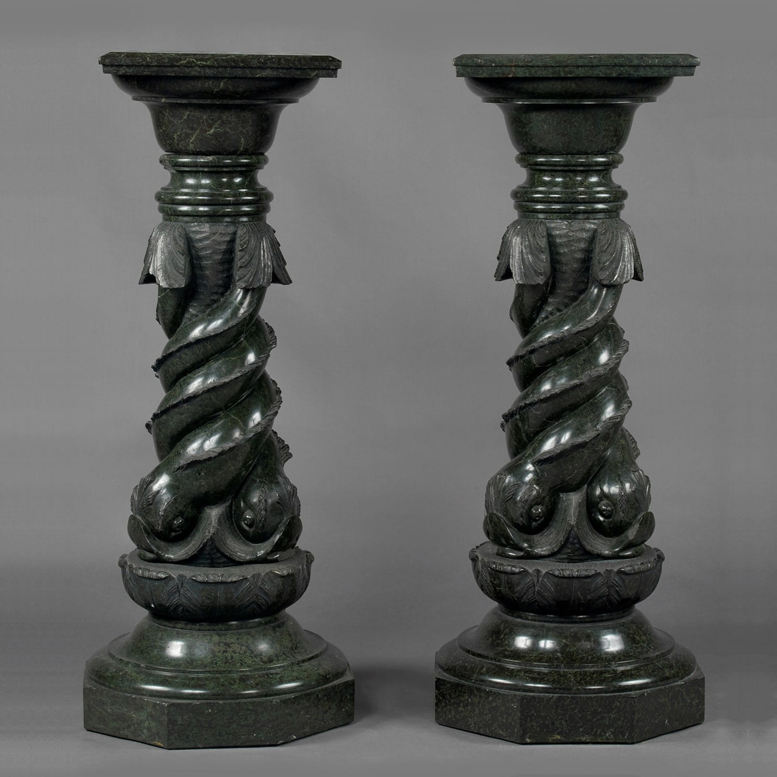 A Pair Of Unusual Green Serpentine Marble Pedestals