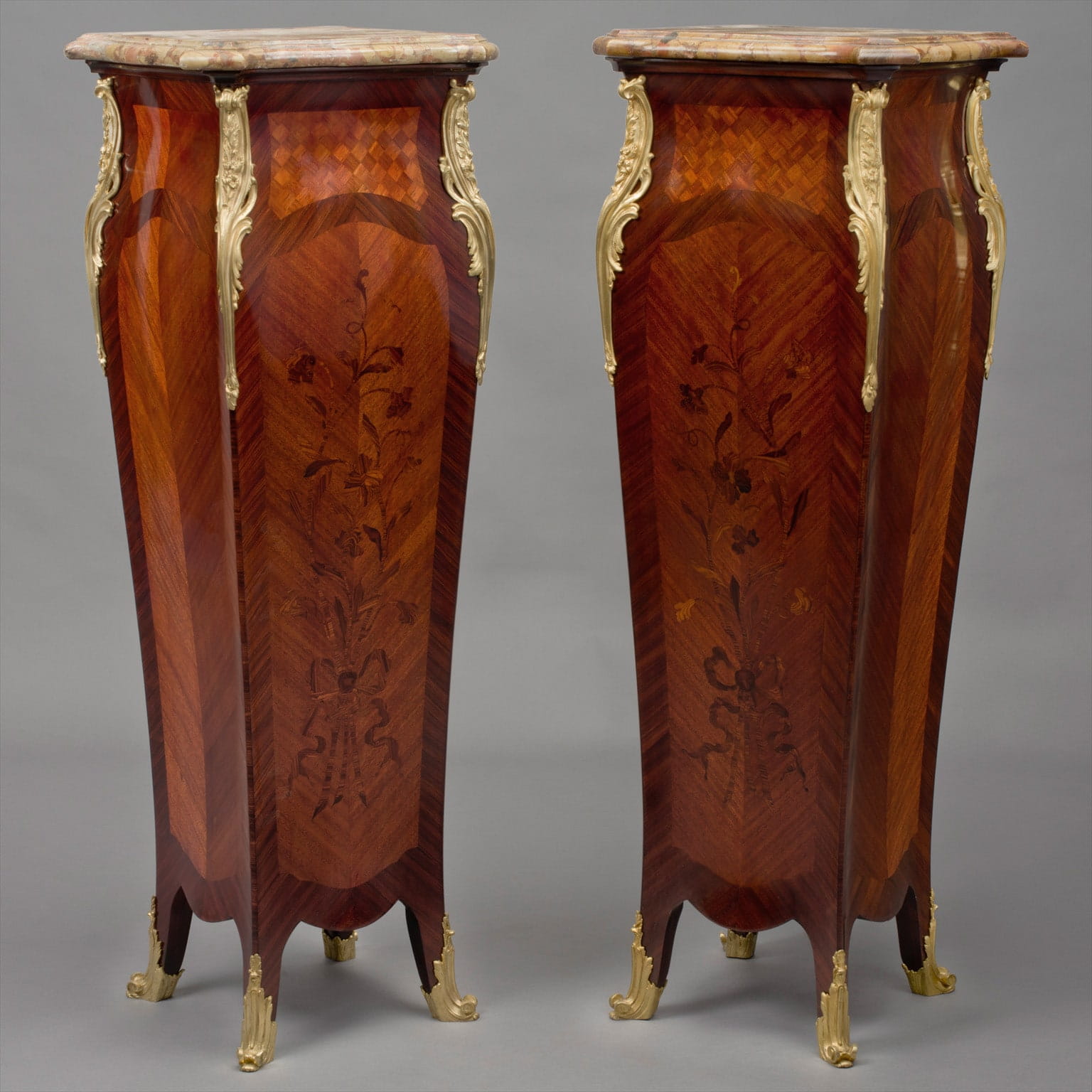 A Pair Of Louis XV Style Marquetry Inlaid Pedestals