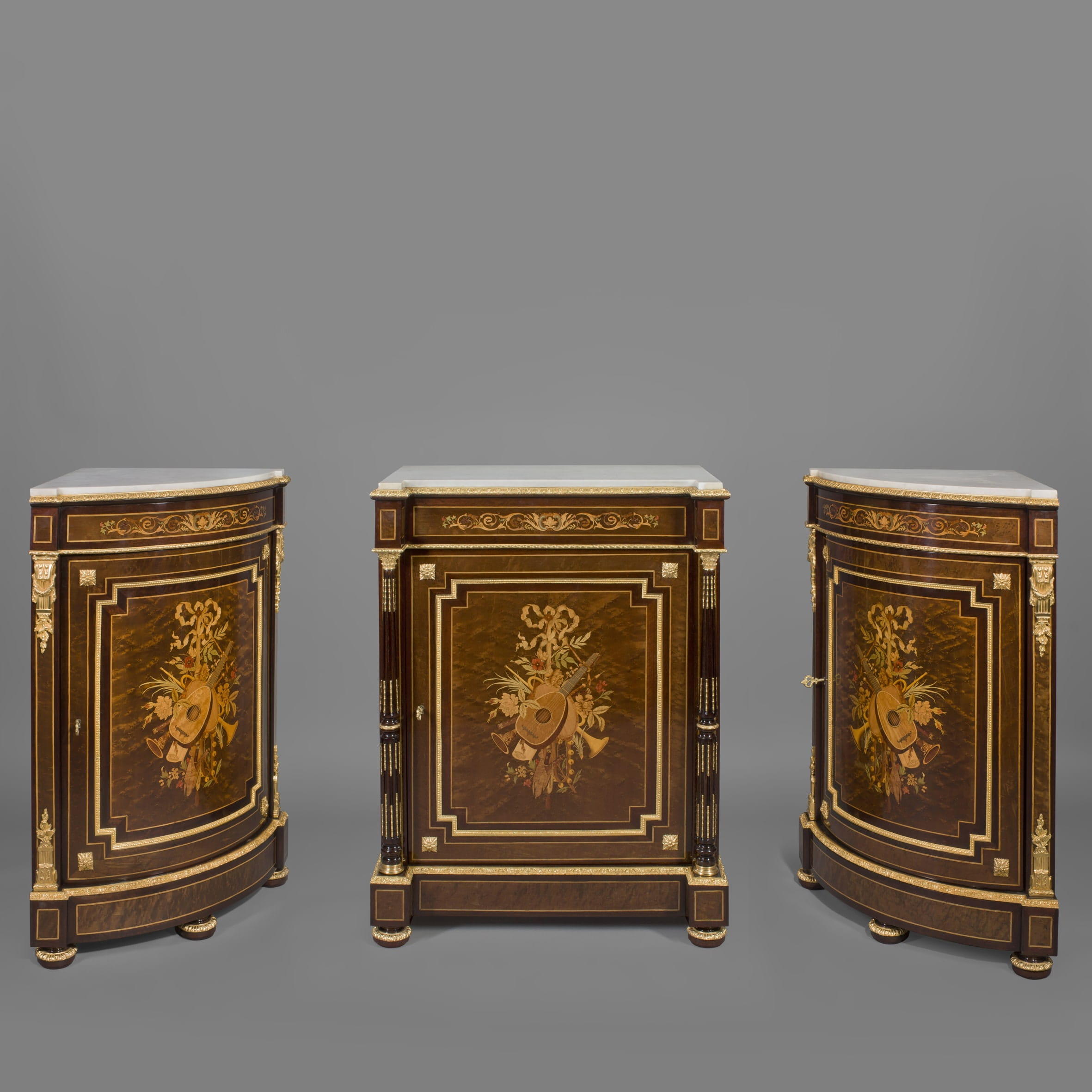 A Fine Louis XVI Style Marquetry Inlaid Side Cabinet and Encoignures En Suite