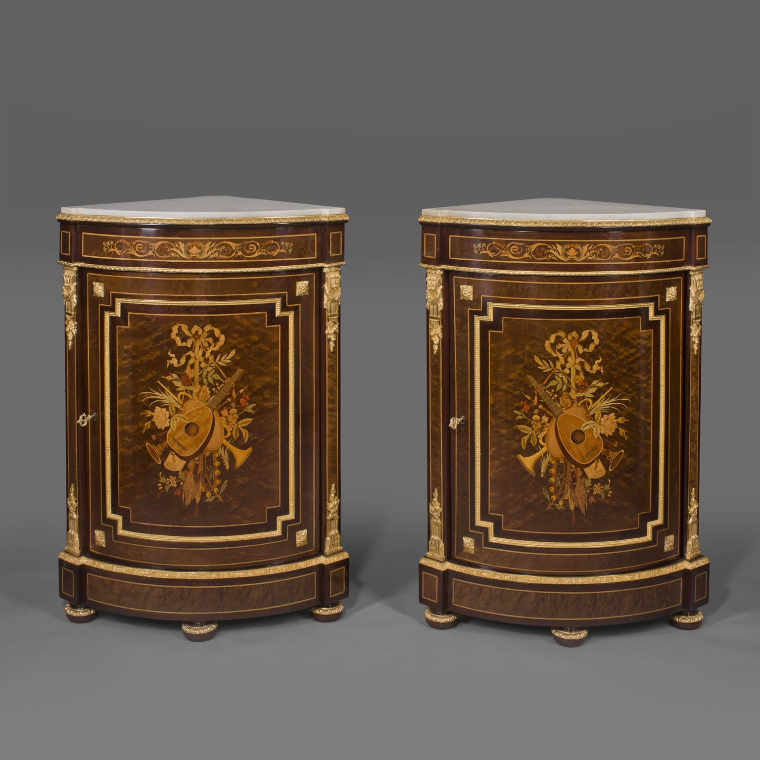 A Fine Louis XVI Style Marquetry Inlaid Side Cabinet and Encoignures En Suite - Image 4