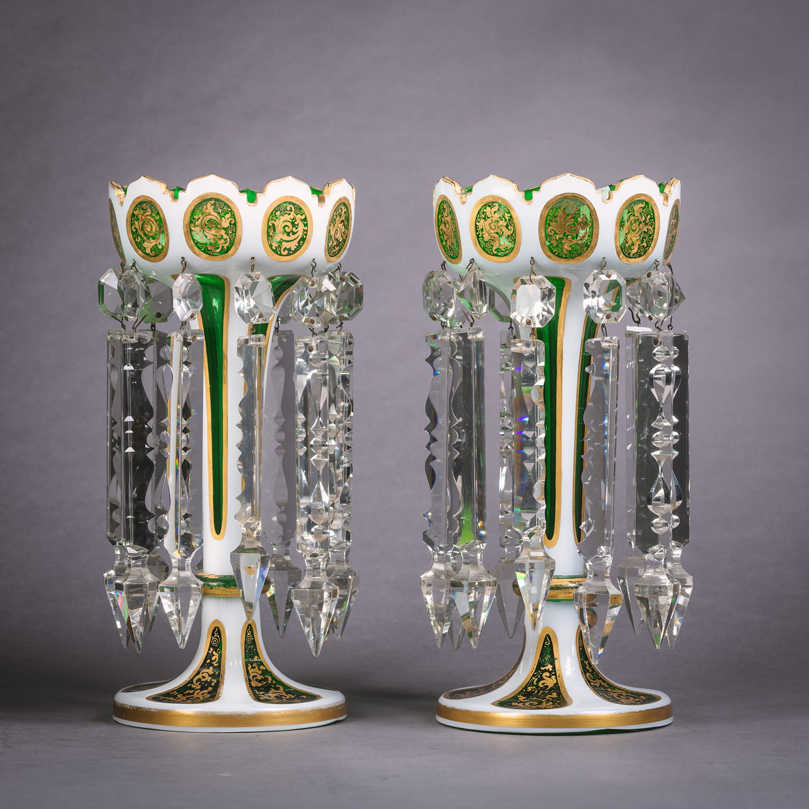 A Pair of Green and White Overlay Glass Lustres