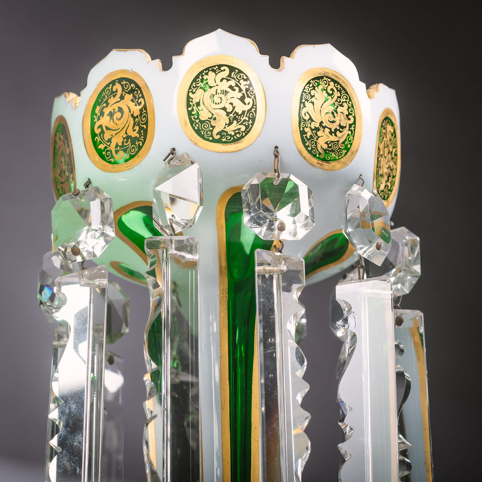 A Pair of Green and White Overlay Glass Lustres - Image 2