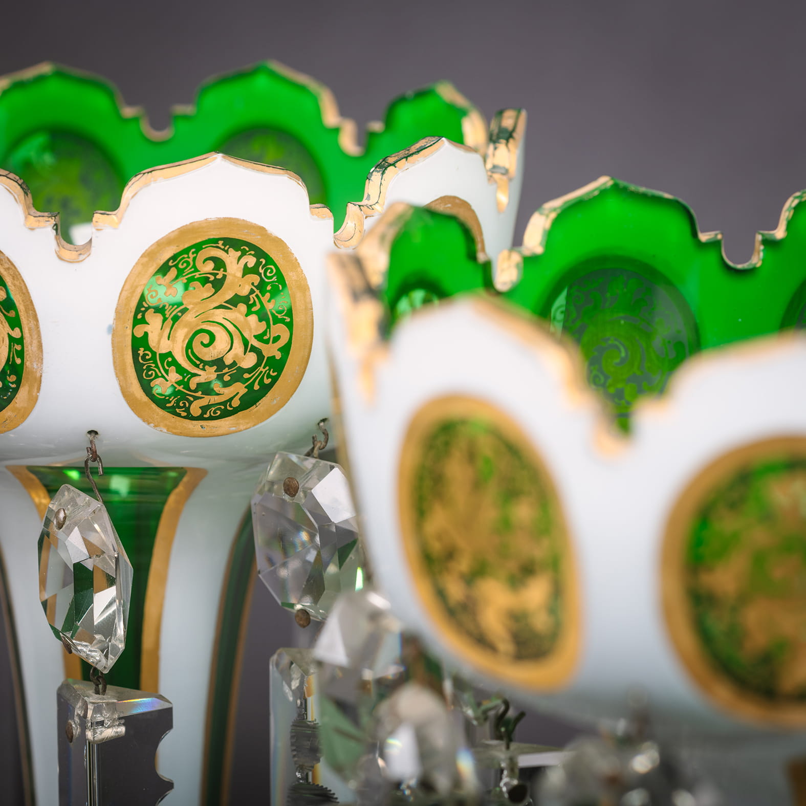 A Pair of Green and White Overlay Glass Lustres - Image 3