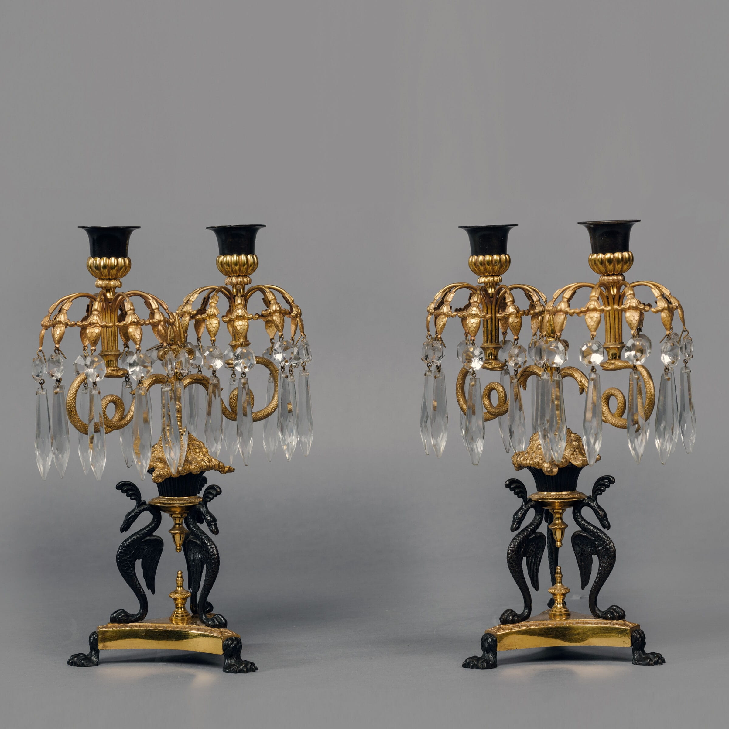 A Pair Of Empire Revival Twin-Light Lustre Candelabra
