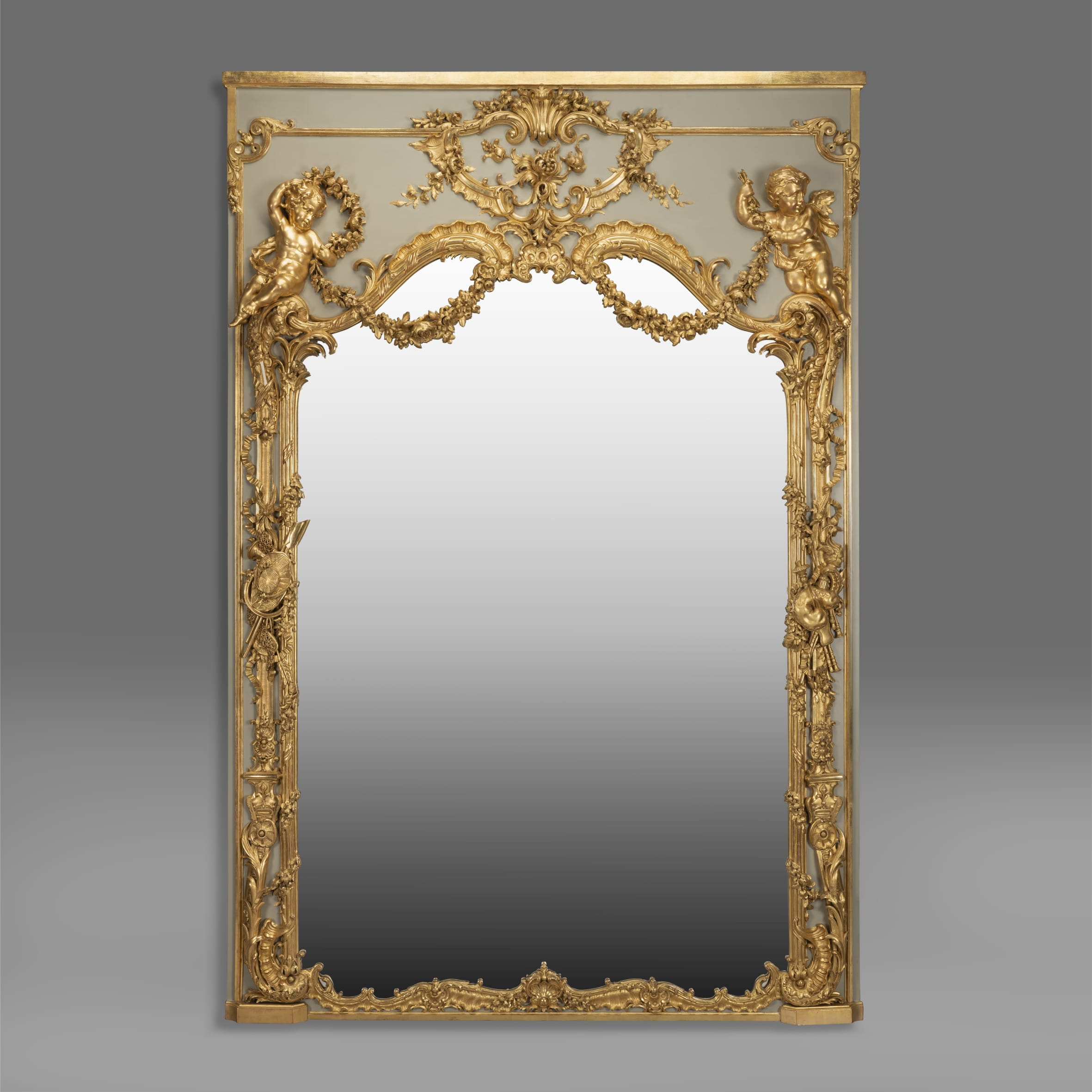 A Finely Carved Louis XV Style Parcel-Gilt And Painted Trumeau Mirror