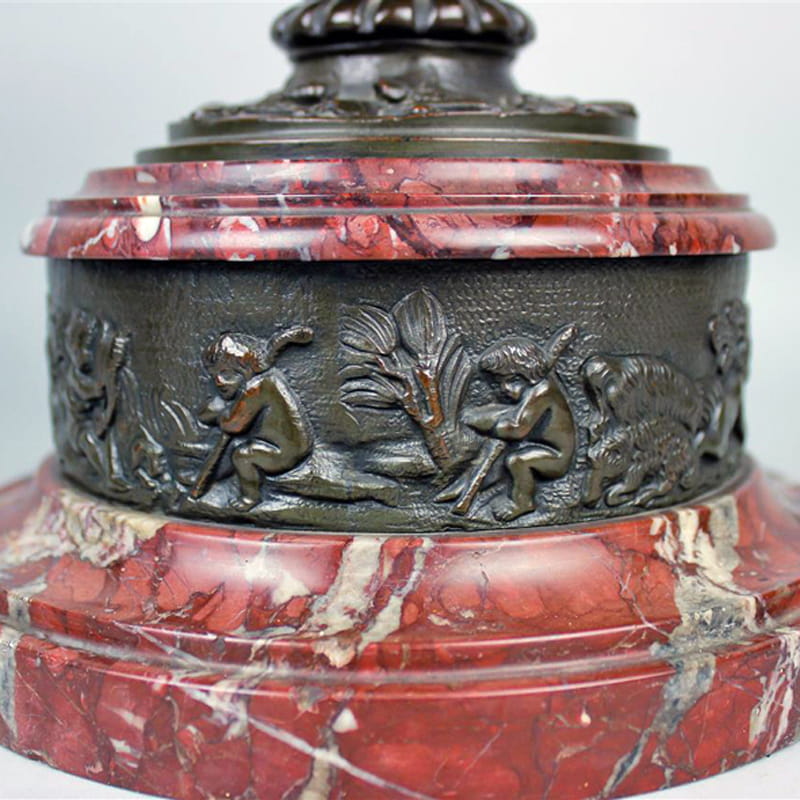 A Pair of Patinated Bronze and Marble Urns and Covers - Image 9