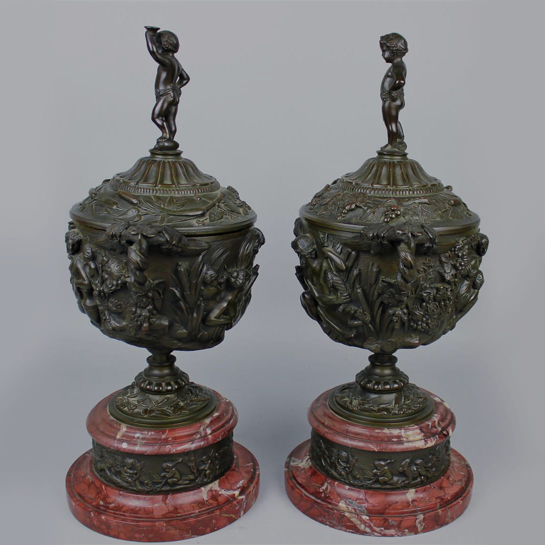 A Pair of Patinated Bronze and Marble Urns and Covers - Image 2