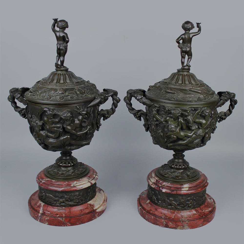 A Pair of Patinated Bronze and Marble Urns and Covers - Image 3