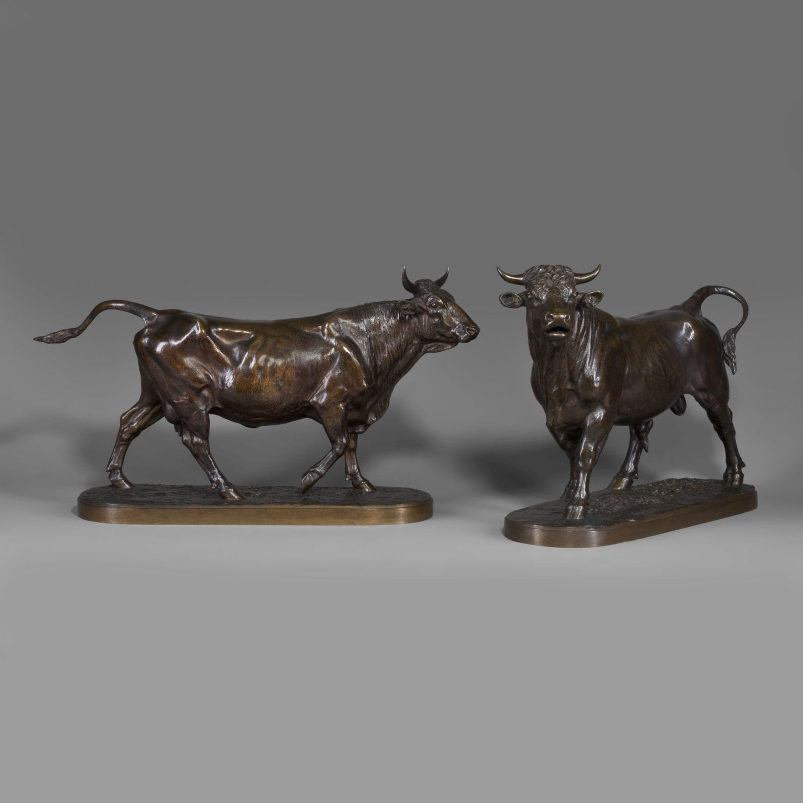 A Pair of Large and Finely Patinated Bronze Models Of A Cow and A Bull