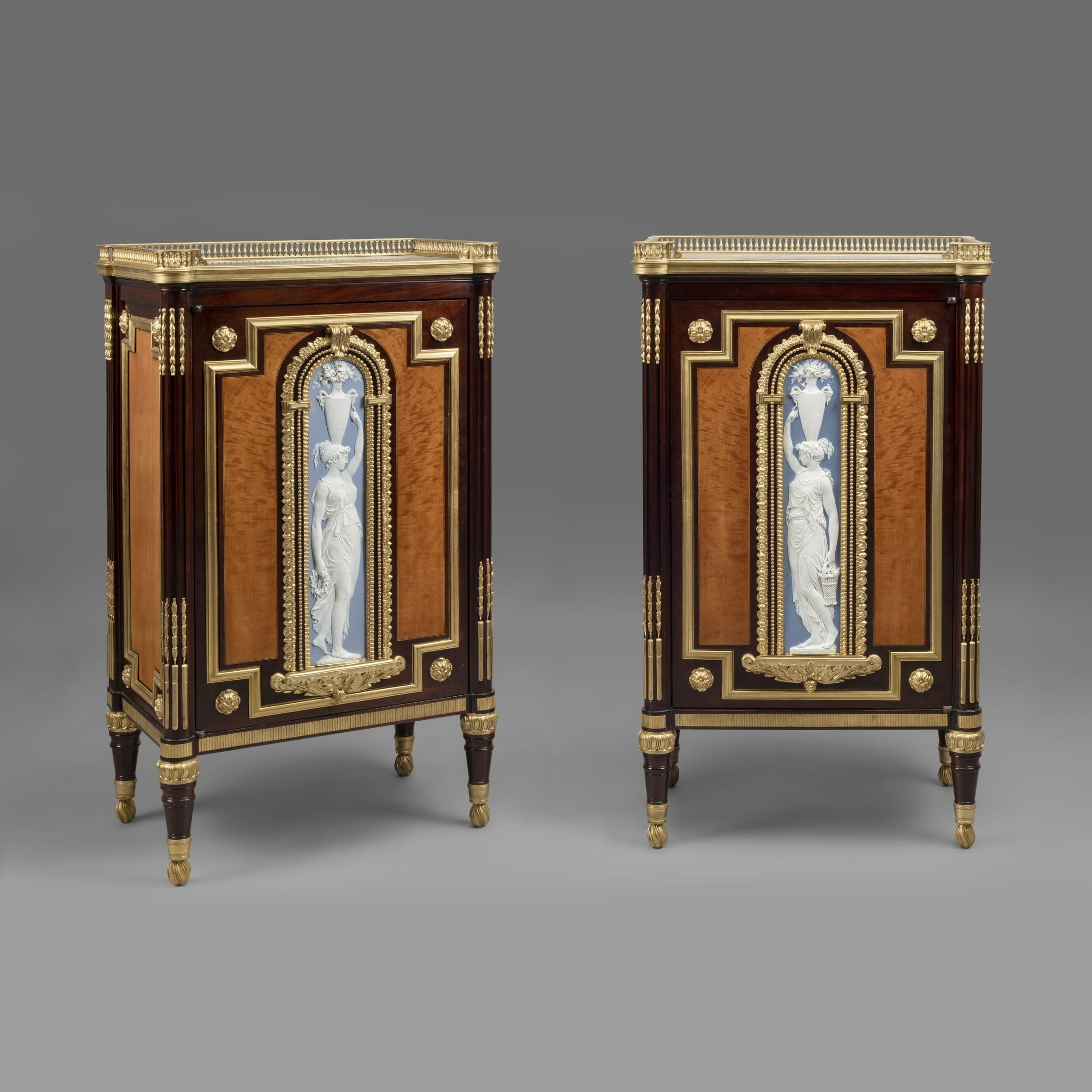 A Pair of Neoclassical Style Porcelain Mounted Side Cabinets