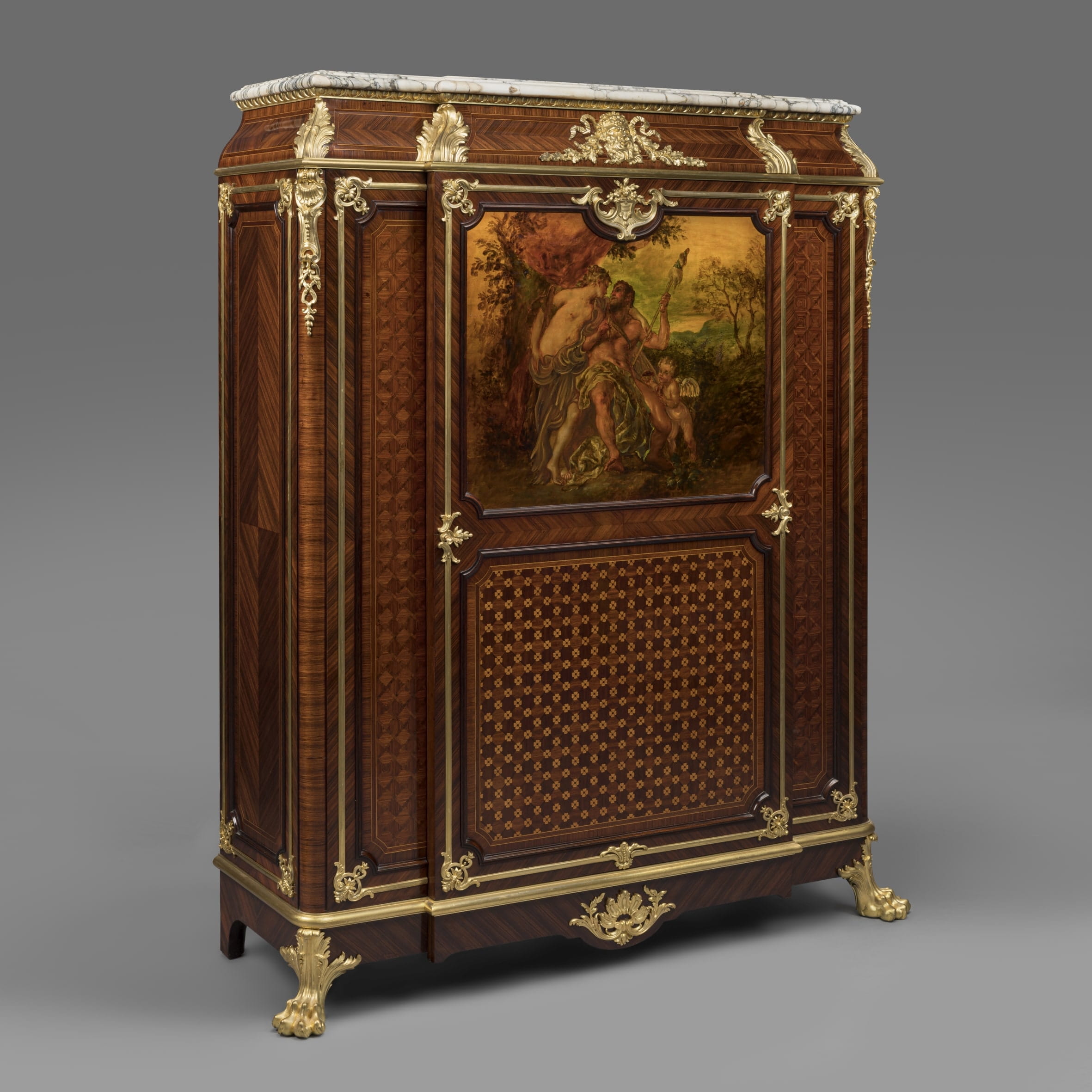 An Exceptional Louis XV Style Gilt-Bronze And Vernis Martin Mounted Parquetry Side Cabinet
